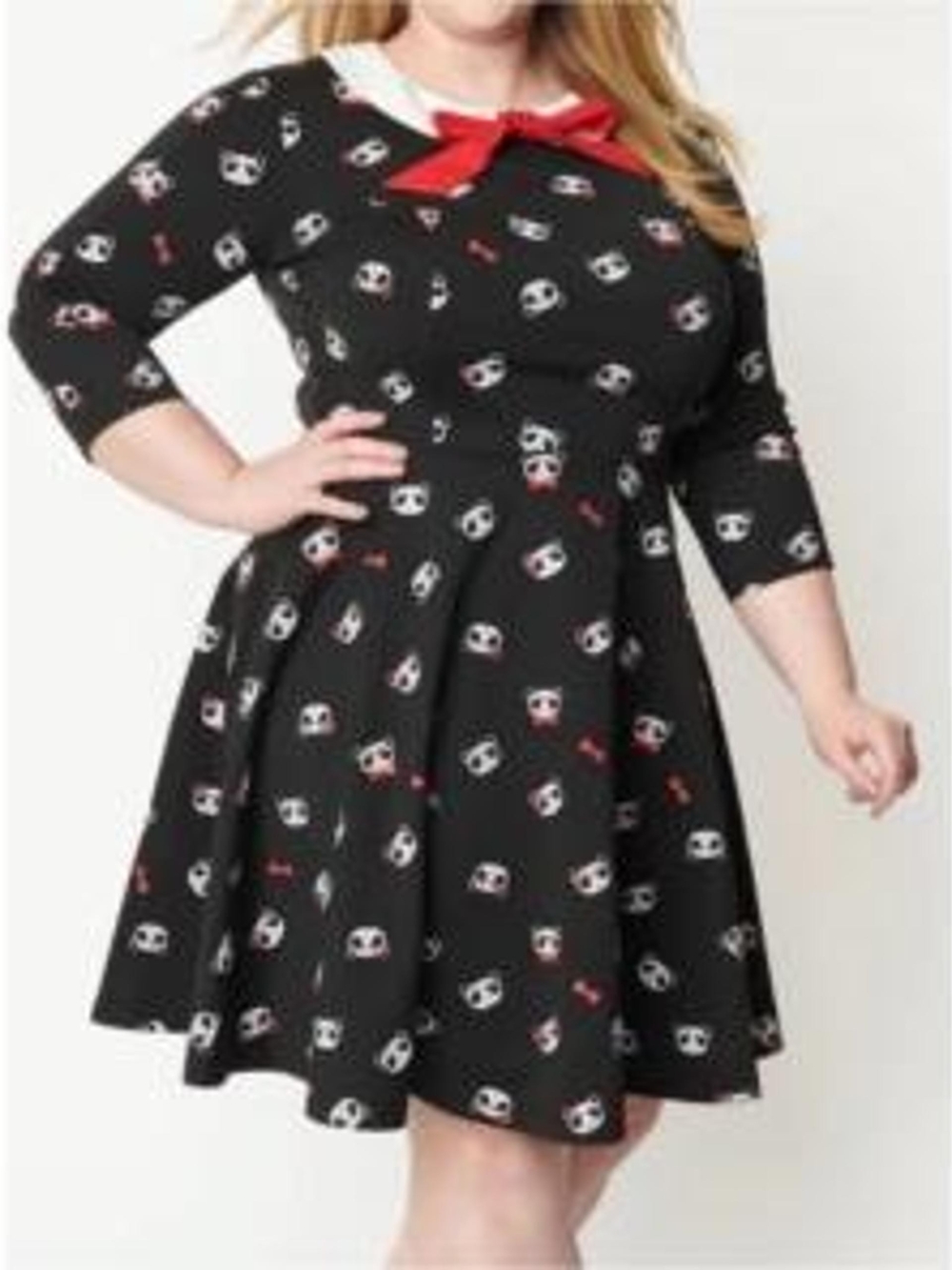 Unique Vintage Black Panda-patterned Fit & Flare Dress with Red Bow Detail